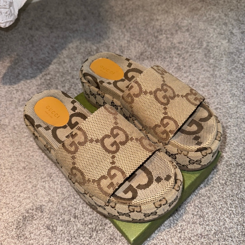 Gucci Beige GG Monogram Platform Slides